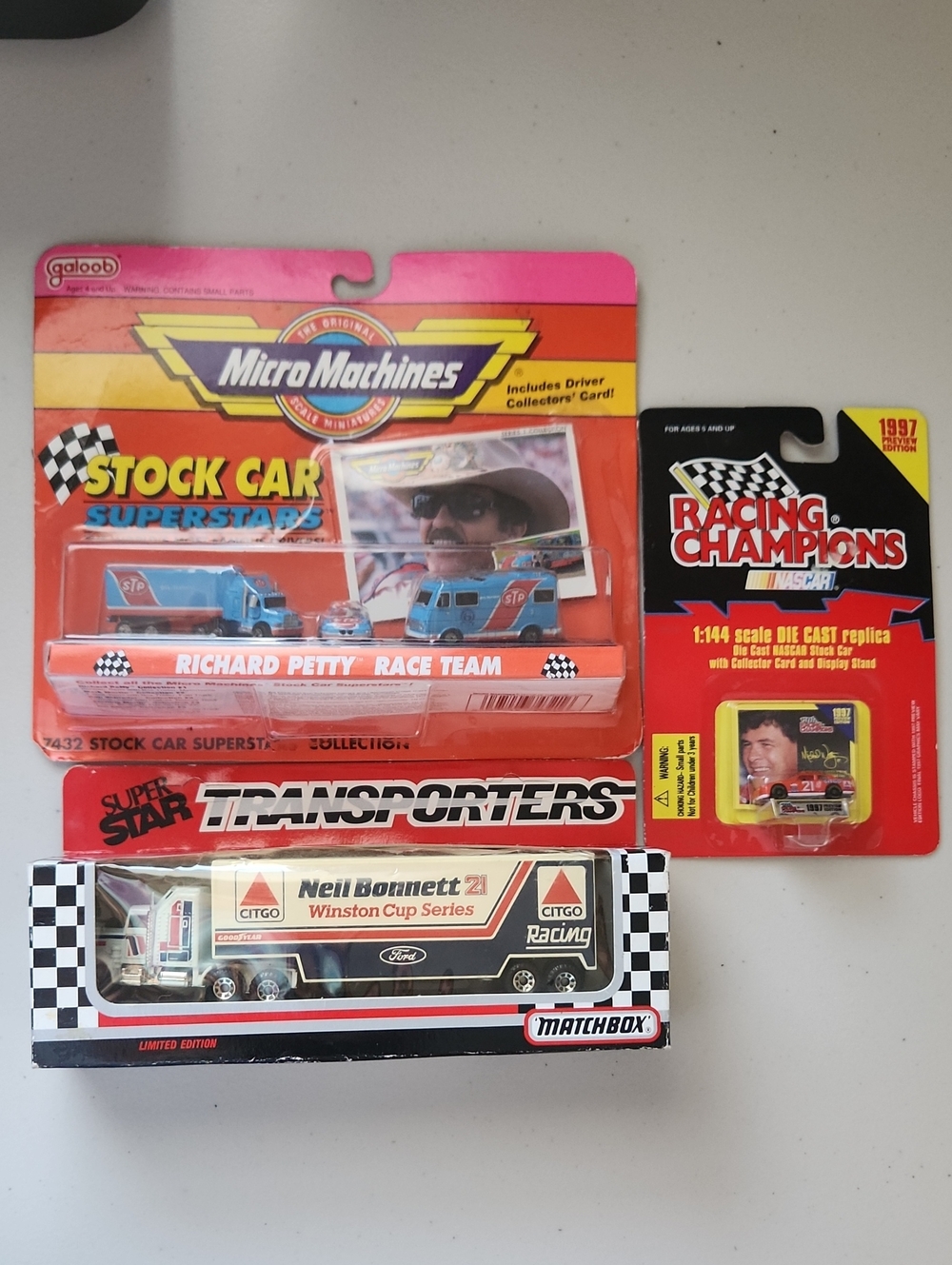 Match MicroMachines Richard Petty Set.Neil Bonnett Transporter.Michael Waltz Car
